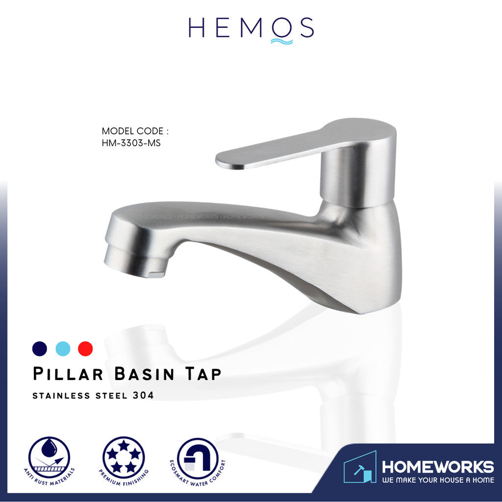 HEMOS BATHROOM FAUCET STAINLESS STEEL SUS 304 PILLAR BASIN TAP HM-3303