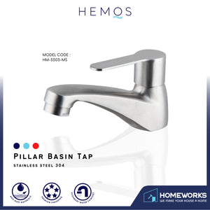 HEMOS BATHROOM FAUCET STAINLESS STEEL SUS 304 PILLAR BASIN TAP HM-3303