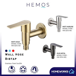 HEMOS BATHROOM FAUCET SUS 304 STAINLESS STEEL WALL HOSE BIB TAP HM-3216 (MATT GOLD, GREY, SILVER)