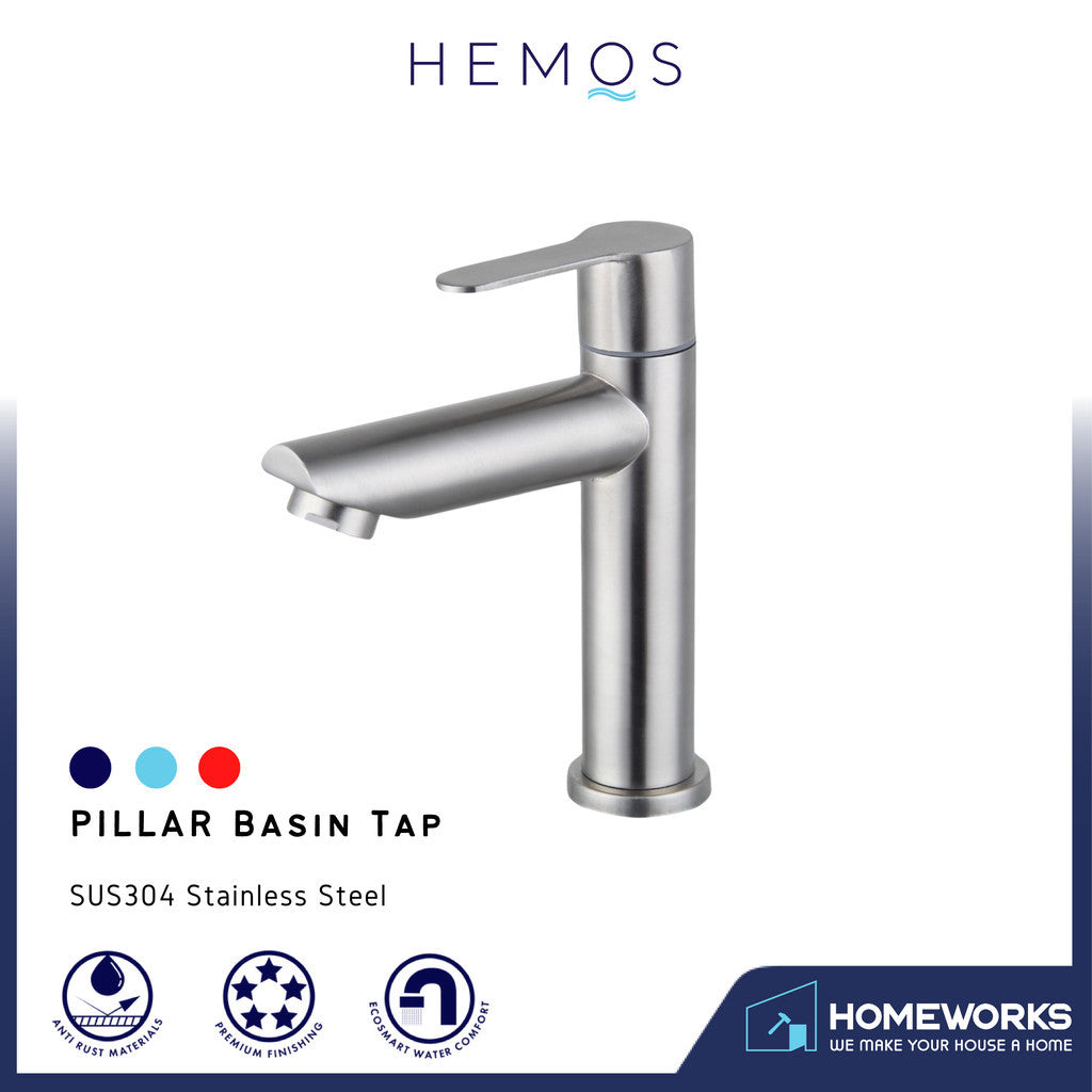 HEMOS BATHROOM FAUCET STAINLESS STEEL SUS304 PILLAR BASIN TAP MATT SILVER HM-3133