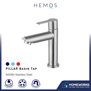HEMOS BATHROOM FAUCET STAINLESS STEEL SUS304 PILLAR BASIN TAP MATT SILVER HM-3133