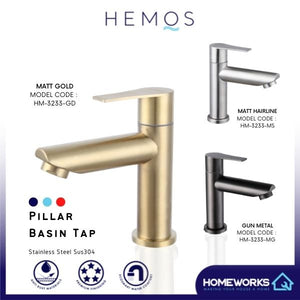 HEMOS BATHROOM FAUCET STAINLESS STEEL SUS 304 SILVER GOLD PILLAR BASIN TAP HM-3233