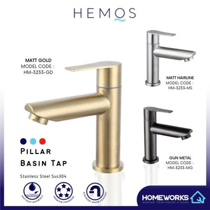 HEMOS BATHROOM FAUCET STAINLESS STEEL SUS 304 SILVER GOLD PILLAR BASIN TAP HM-3233