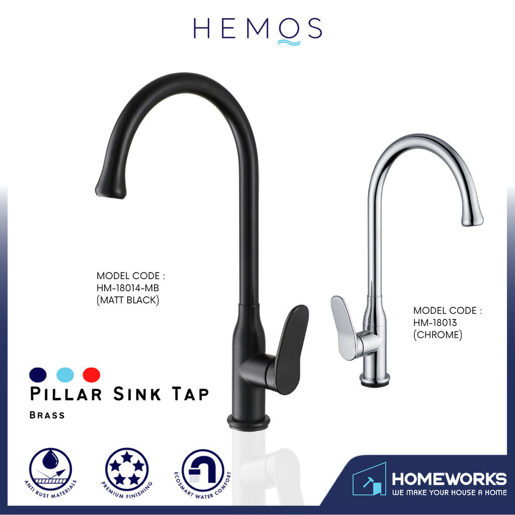 HEMOS KITCHEN FAUCET BRASS PILLAR SINK TAP HM-18013 (CHROME) HM-18014 (MATT BLACK)