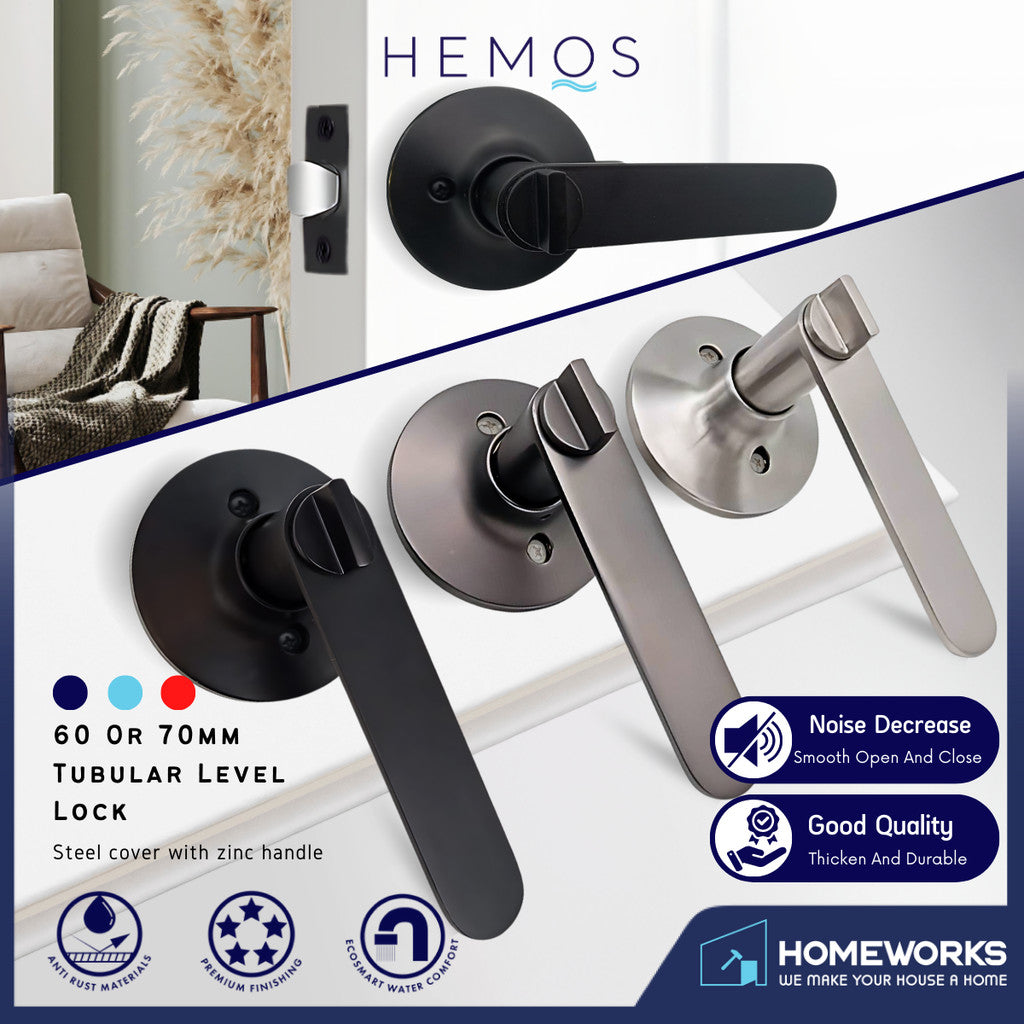 HEMOS 60-70MM TUBULAR LEVEL DOOR LOCK KUNCI TOMBOL PINTU RUMAH SILVER BLACK GREY HM-5201