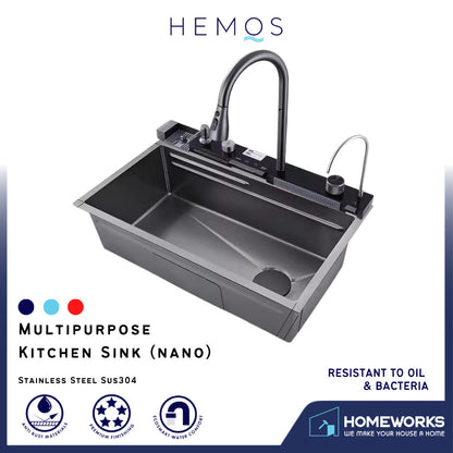 HEMOS 750X460MM MULTIPURPOSE KITCHEN 3.0MM THICKNESS JINGYU SINK CW FLYING FISH TAP HM-7546-MB (JY)
