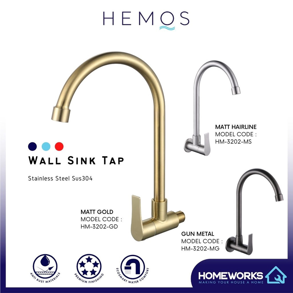 HEMOS KITCHEN FAUCET STAINLESS STEEL SUS 304 WALL SINK TAP HM-3202 (GUNMETALGRAY, GOLD, SILVER)