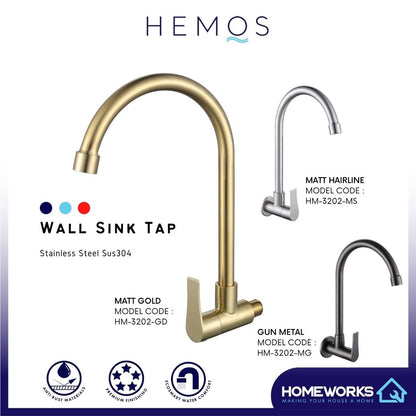 HEMOS KITCHEN FAUCET STAINLESS STEEL SUS 304 WALL SINK TAP HM-3202 (GUNMETALGRAY, GOLD, SILVER)