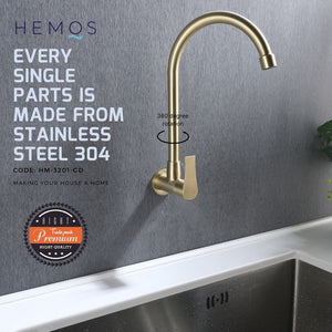 HEMOS KITCHEN FAUCET STAINLESS STEEL SUS 304 WALL SINK TAP HM-3202 (GUNMETALGRAY, GOLD, SILVER)