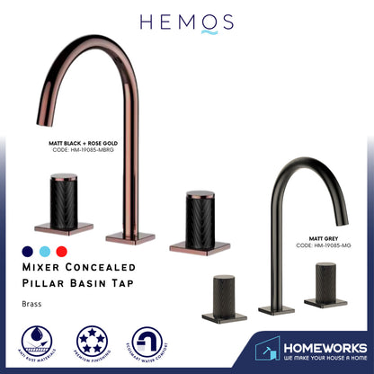 HEMOS BATHROOM FAUCET BRASS 3 HOLE MIXER CONCEALED PILLAR HOT & COLD DOUBLE HANDLE HM-19085-MG,MBRG