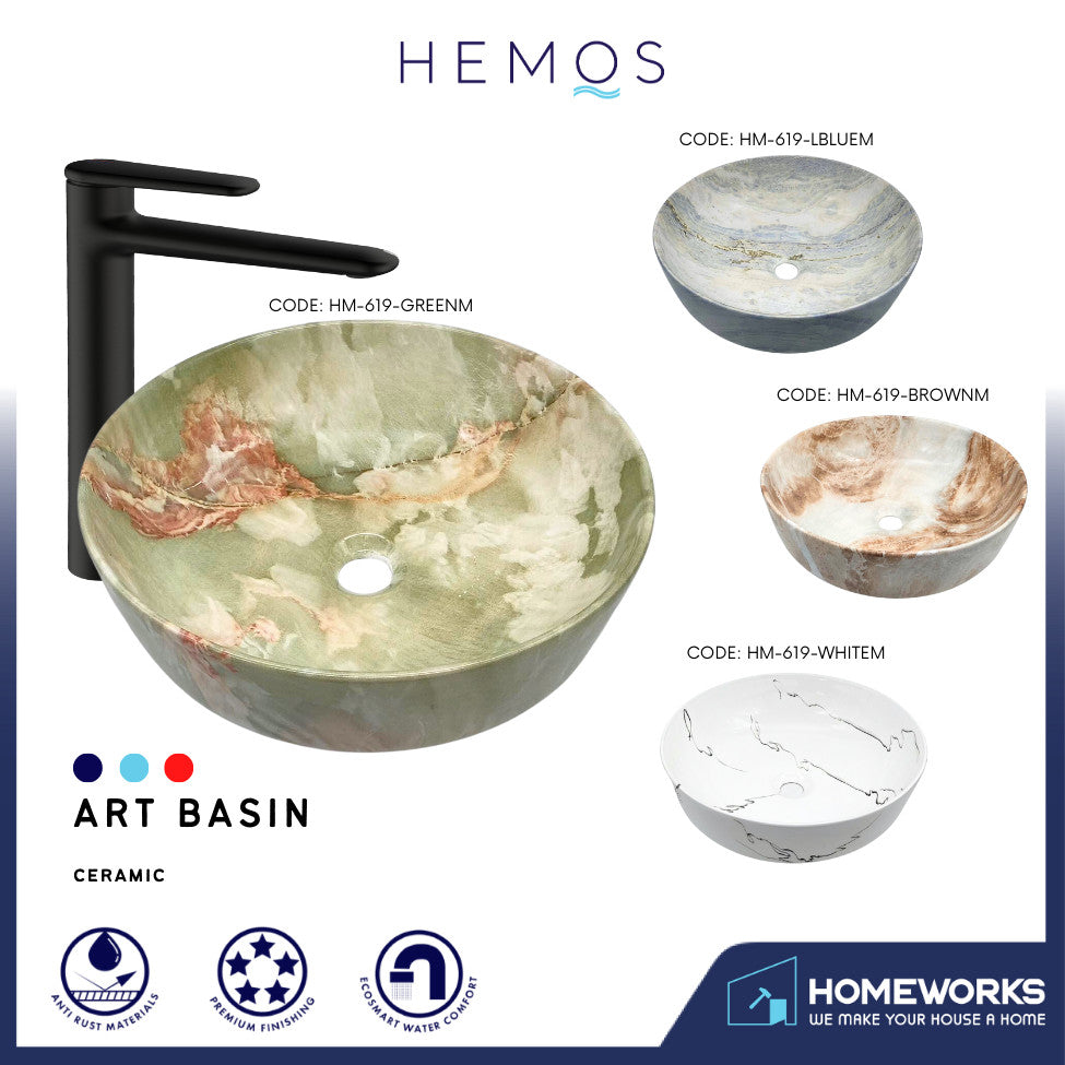 HEMOS BATHROOM CERAMIC WASH COUNTERTOP WATER TRANSFER PRINTING MARBLE ROUND VESSEL PORCELAIN HM-619
