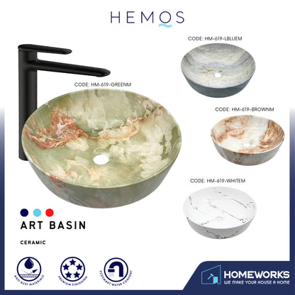 HEMOS BATHROOM CERAMIC WASH COUNTERTOP WATER TRANSFER PRINTING MARBLE ROUND VESSEL PORCELAIN HM-619