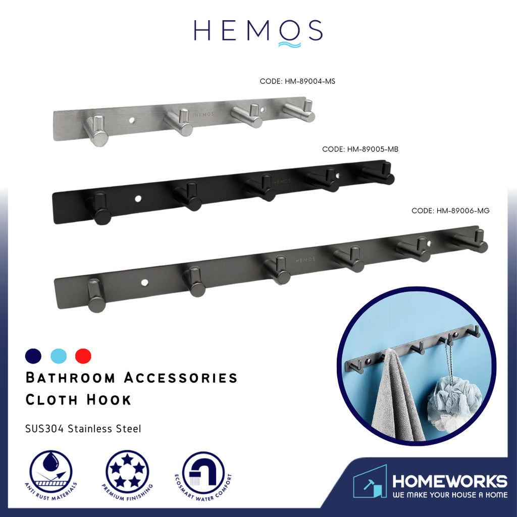HEMOS BATHROOM FITTING SUS 304 CLOTHES HOOKS BARS BATANG CANGKUK HM-89004/89005/89006-MS,MB,MG