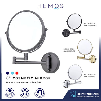 HEMOS 8" TWO-SIDE 360° SWIVEL WALL MOUNT FOLD 1X/3X MAGNIFY COSMETIC MIRROR CERMIN DINDING HM-89900