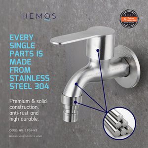 HEMOS BATHROOM TAP SUS 304 STAINLESS STEEL WALL HOSE FAUCET GARDEN BIB TAP HM-3306