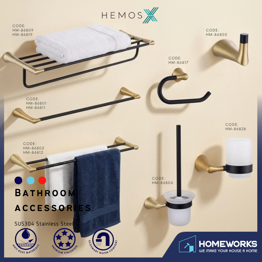 HEMOS BATHROOM FITTING SUS304 ACCESSORIES TOWEL RACK PAPER HOLDER MATT BLACK+GOLD 86SERIES