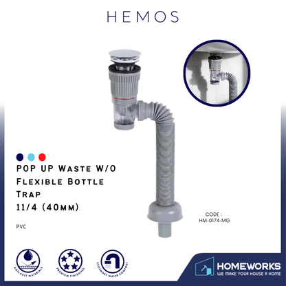 HEMOS PARTS BRASS POP UP WASTE (W/O) PVC FLEXIBLE BOTTLE TRAP & ANTI SMELL FITTING (GRAY) HM-0174-MG