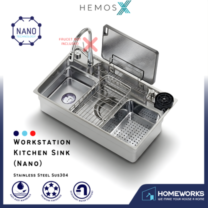 HEMOS SUS304 STEEL 5.0MM THICKNESS GRAIN EMBOSSED WORKSTATION KITCHEN SINK SILVER