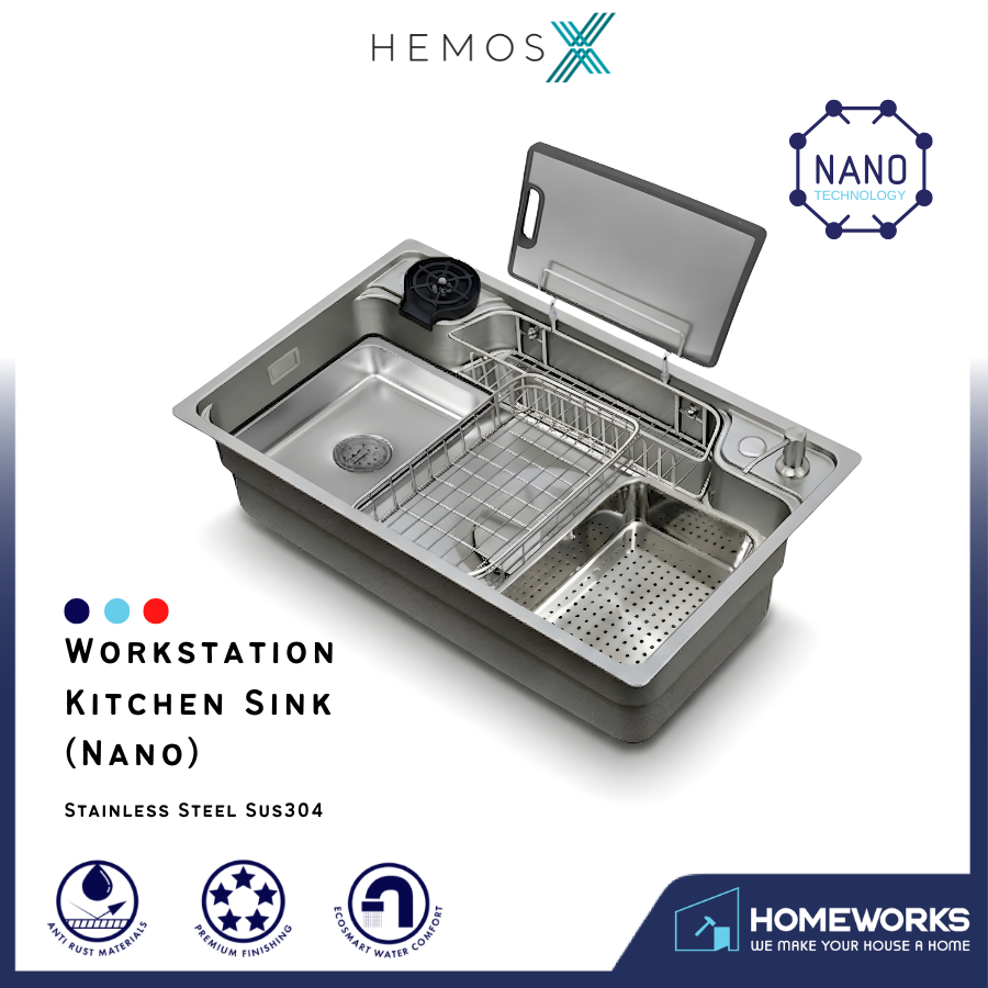 HEMOS SUS304 STEEL 1.0MM THICKNESS GRAIN EMBOSSED WORKSTATION KITCHEN SINK SILVER