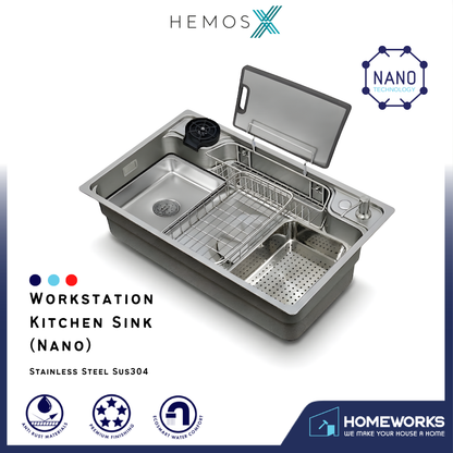 HEMOS SUS304 STEEL 1.0MM THICKNESS GRAIN EMBOSSED WORKSTATION KITCHEN SINK SILVER