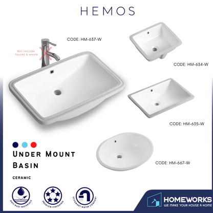 HEMOS BATHROOM CERAMIC UNDER MOUNT BASIN HM-634-W