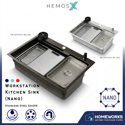 HEMOS SUS316 STEEL 5.0MM THICKNESS GRAIN EMBOSSED WORKSTATION KITCHEN SINK MATT SILVER MATT BLACK