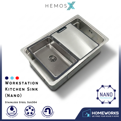HEMOS 750 X 450MM SUS304 STEEL 1.5MM THICKNESS GRAIN EMBOSSED WORKSTATION KITCHEN SINK HM-W7545-MS (EB)