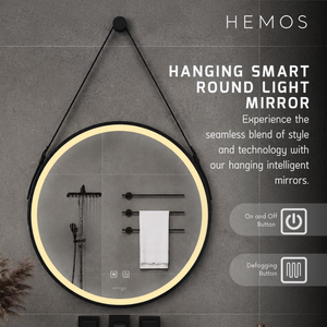 HEMOS 600/800/1000MM ALUMINIUM WALL HANGING WITH LEATHER STRAP LED ROUND MIRROR HM-YKH06,08,10