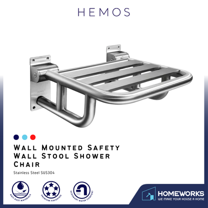 HEMOS BATHROOM SUS 304 WALL MOUNTED FOLDABLE SAFETY WALL STOOL SHOWER CHAIR HM-S034-MS