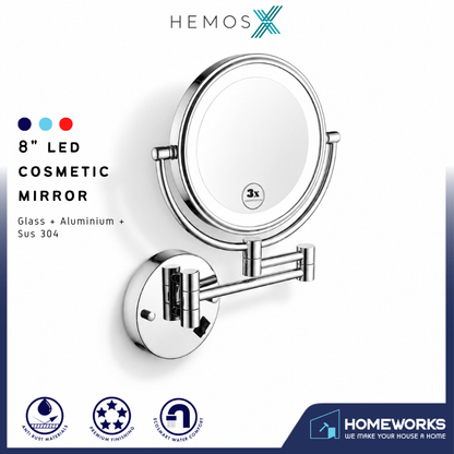 HEMOS 8" LED WALL MOUNT MAKEUP MIRROR 3X MAGNIFY DOUBLE-SIDED 360° SWIVEL FOLDING MIRROR HM-89910-C