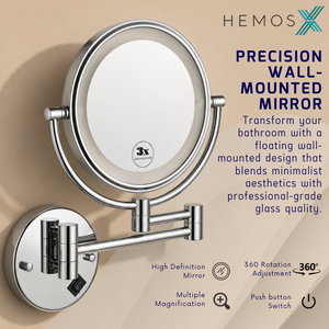 HEMOS 8" LED WALL MOUNT MAKEUP MIRROR 3X MAGNIFY DOUBLE-SIDED 360° SWIVEL FOLDING MIRROR HM-89910-C
