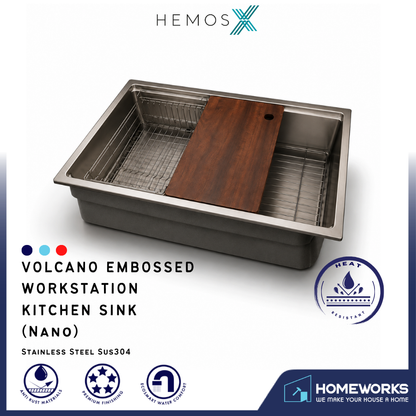 HEMOS SUS304 STEEL 1.0MM THICKNESS VOLCANO EMBOSSED WORKSTATION KITCHEN SINK HM-W6047-MS(EB)