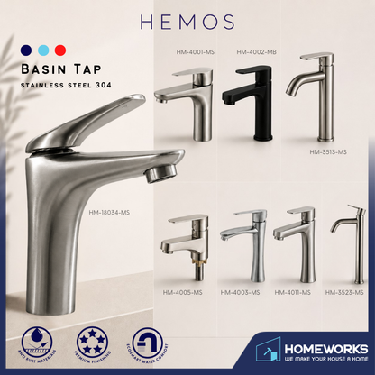 HEMOS BATHROOM FAUCET STAINLESS STEEL SUS 304 PILLAR BASIN COLD TAP KEPALA PAIP AIR BILIK MANDI