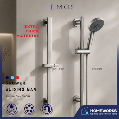 HEMOS BATHROOM FITTING SUS 304 SHOWER ADJUSTABLE BAR GELONGSOR PANCURAN (ROUND/SQUARE) HM-0052,0053
