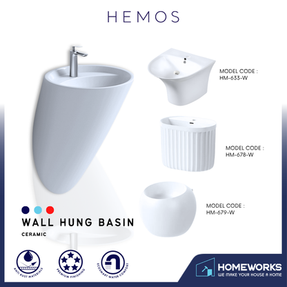 HEMOS BATHROOM CERAMIC WASH BASIN WALL MOUNTED ART BASIN VESSEL SINK PORCELAIN HM-631-W