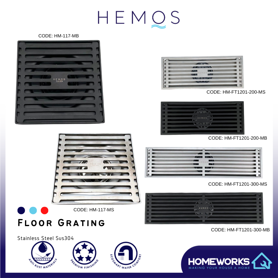 HEMOS BATHROOM FITTINGS STAINLESS STEEL SUS 304 LONG DRAIN FLOOR TRAP GRATING INDOOR OUTDOOR HM-117