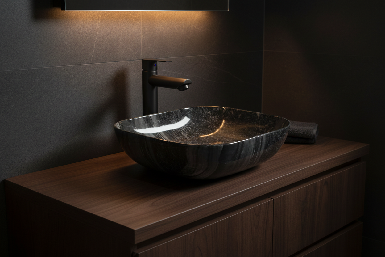 HM-623-BLACKM Basin + Gunmetal Faucet Dark Bathroom Scene
