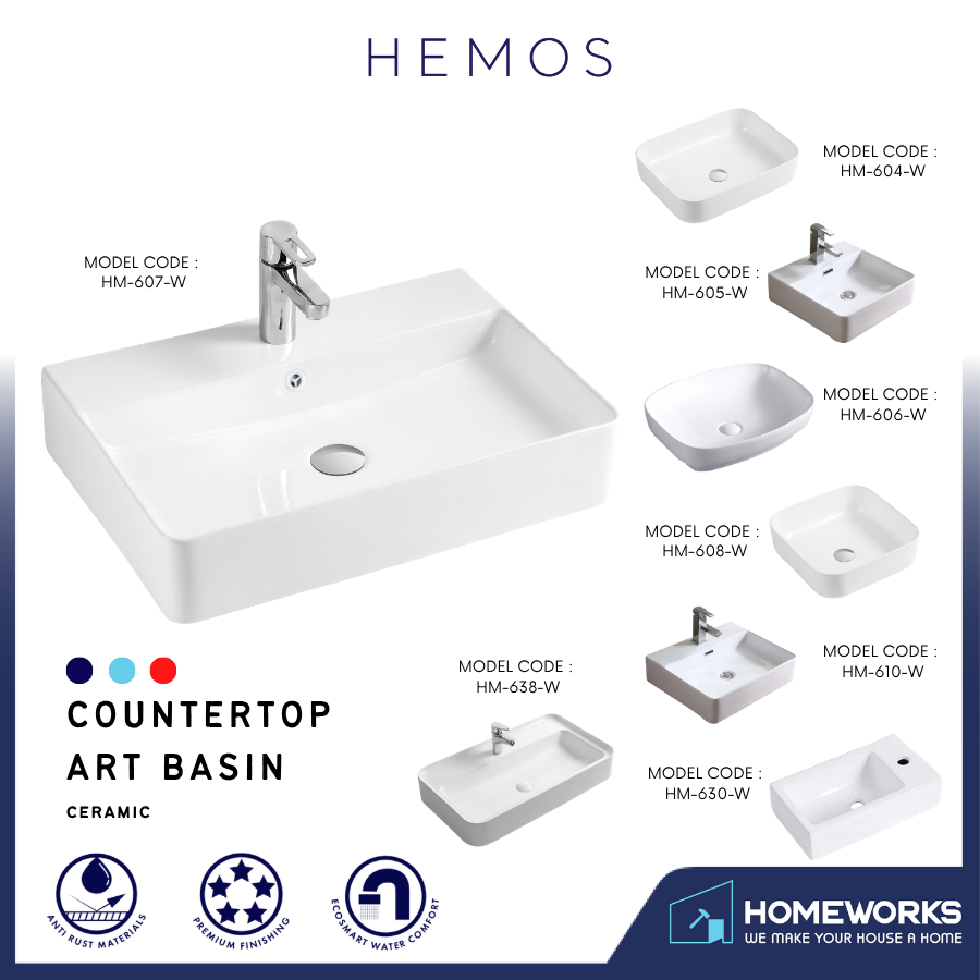 HEMOS BATHROOM CERAMIC WASH BASIN TABLE TOP ART BASIN SQUARE VESSEL SINK WHITE PORCELAIN HM-604-W