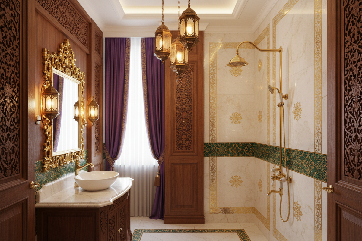 Malay-Islamic aristocratic bathroom with gold fixtures