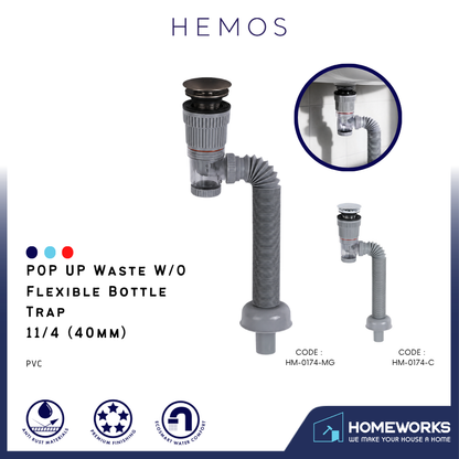 HEMOS PARTS BRASS POP UP WASTE (W/O) PVC FLEXIBLE BOTTLE TRAP & ANTI SMELL FITTING (GRAY) HM-0174-MG