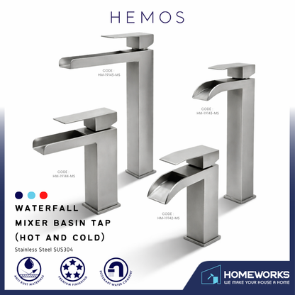 HEMOS BATHROOM FAUCET SUS304 STEEL WATERFALL MIXER BASIN TAP SILVER HM-19142,19143,19144,19145