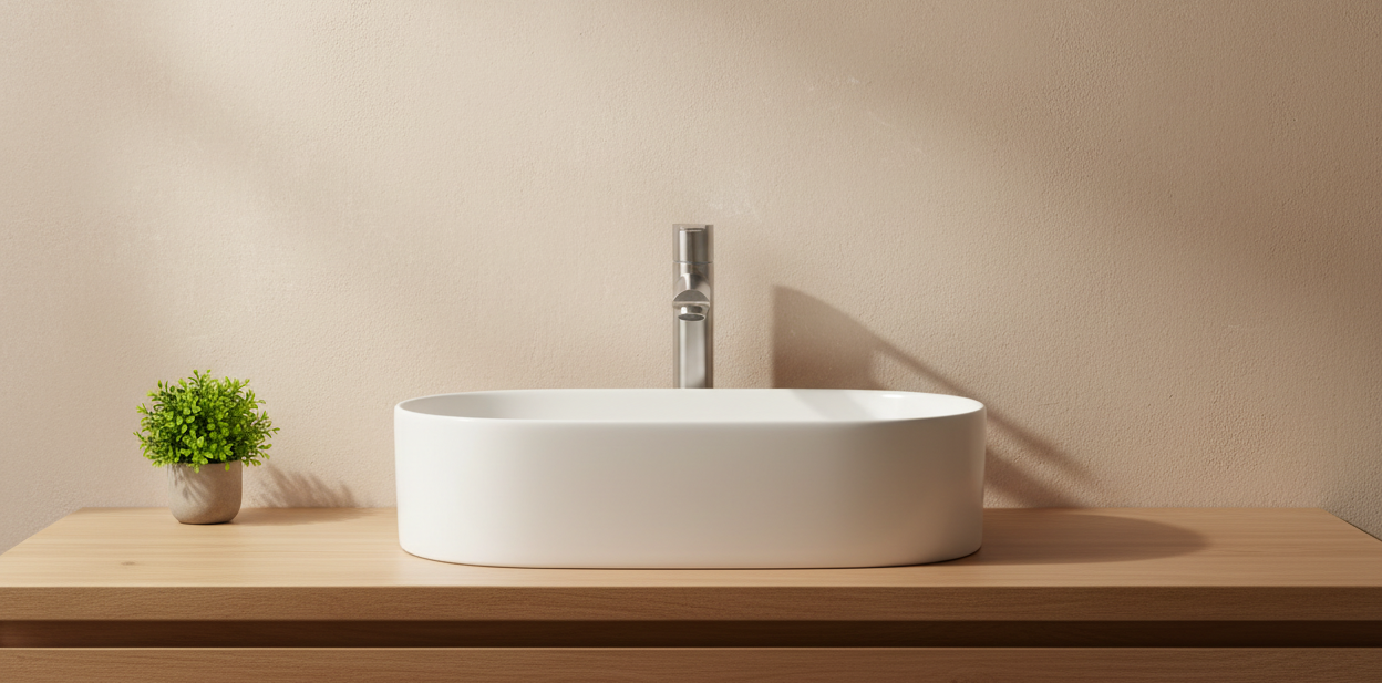 Oval Basin + Brushed SS Faucet Minimalist Scene